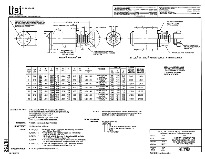 HiLok / HiTigue Fasteners HLT52 HiTigue Pin Protruding Tension Head