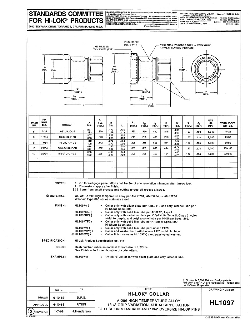 HiLok Fasteners HL1097 HiLok Collar For Use on Standard