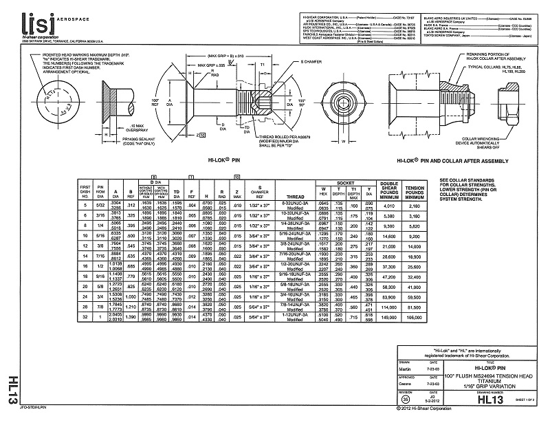 HiLok Fasteners HL13 HiLok Pin Tension Head Titanium