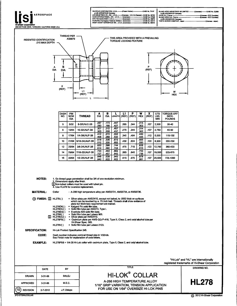HiLok Fasteners HL278 HiLok Collar Tension Application