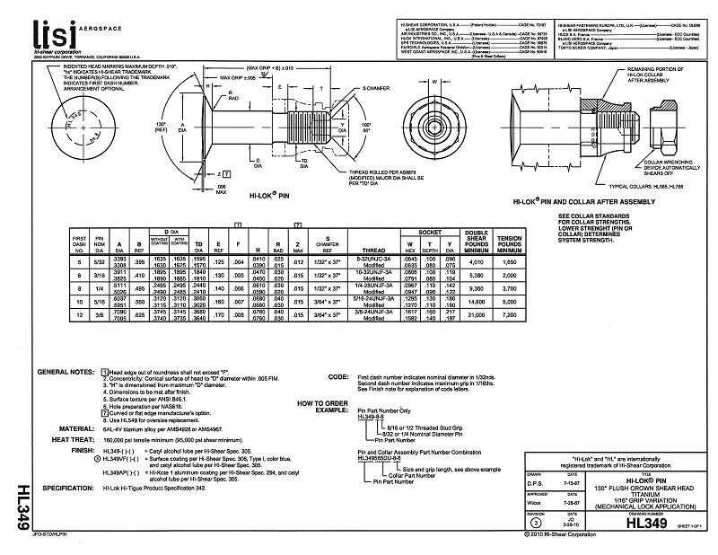 HiLok Fasteners HL349 HiLok Pin Flush Crown Shear Head