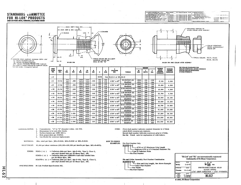 HiLok Fasteners HL62 HiLok Pin Protruding Shear Head Alloy Steel